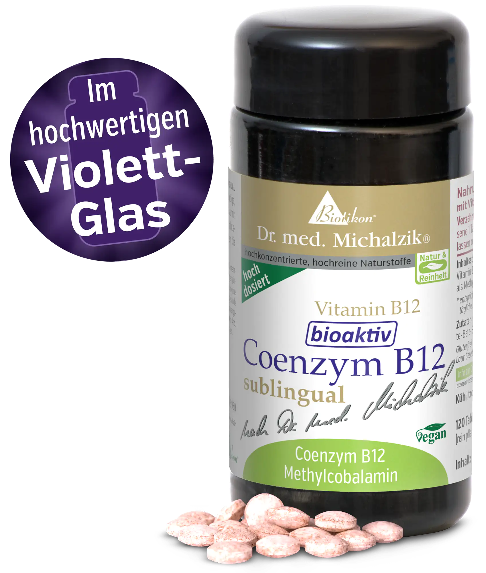 Coenzima B12 bioactiva en alta dosis, 120 tabletas sublinguales, envase de vidrio violeta, tabletas blancas y rosas.