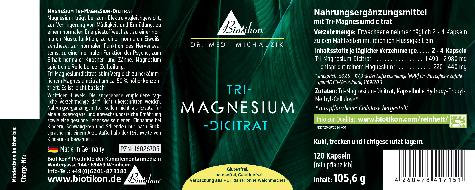 Tri-Magnesio-Dicitrat en envase PET, 120 cápsulas, etiquetado verde, vista frontal