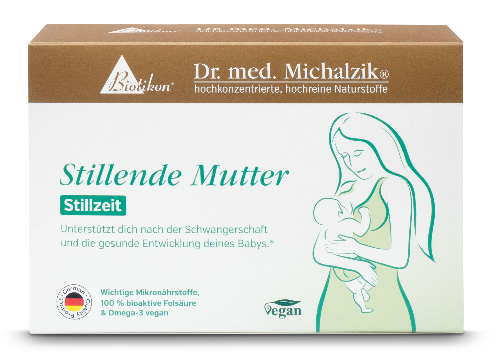 Envase para madre lactante, 30 cápsulas veganas, caja verde y blanca, vista frontal.