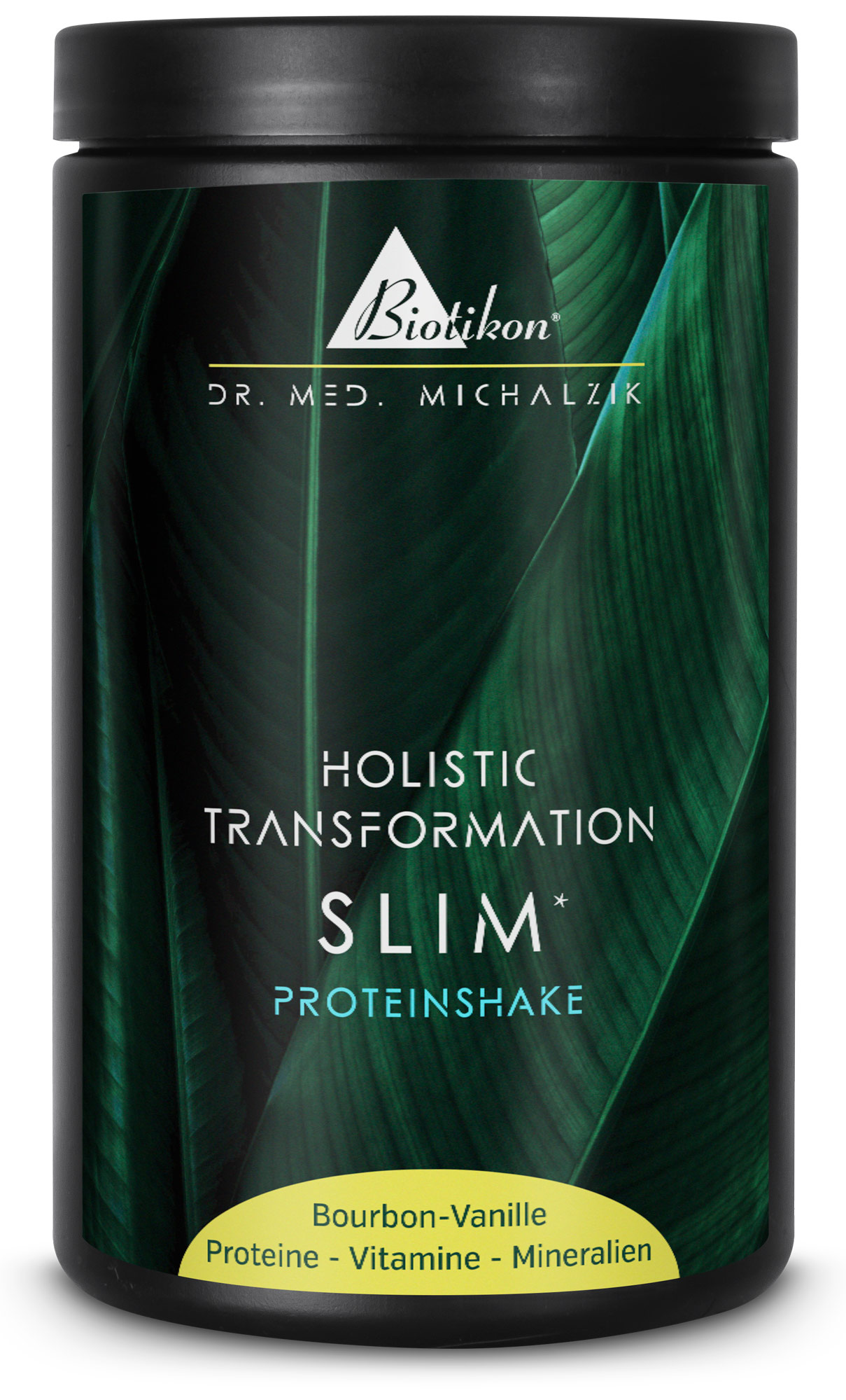Envase negro con Slim Shake, sabor Vainilla Bourbon, proteína, vitaminas y minerales, perspectiva lateral.
