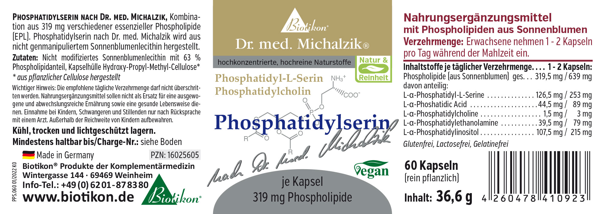 Fosfatidilserina 319 mg – Cápsulas 60 cápsulas con 319 mg de fosfolípidos de girasol, envoltura de cápsula vegetal, color gris