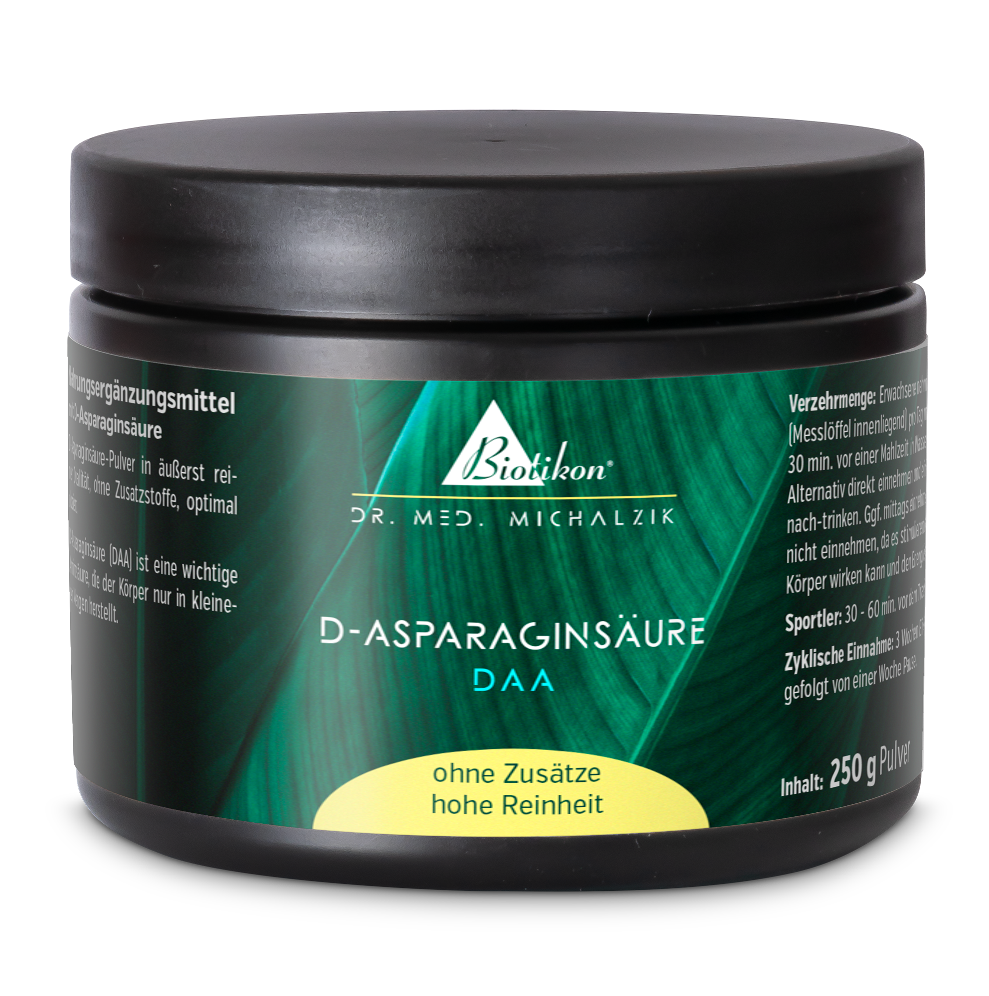 Polvo de D-Aspartato en envase negro, 250 g, vista lateral, alta pureza, sin aditivos.