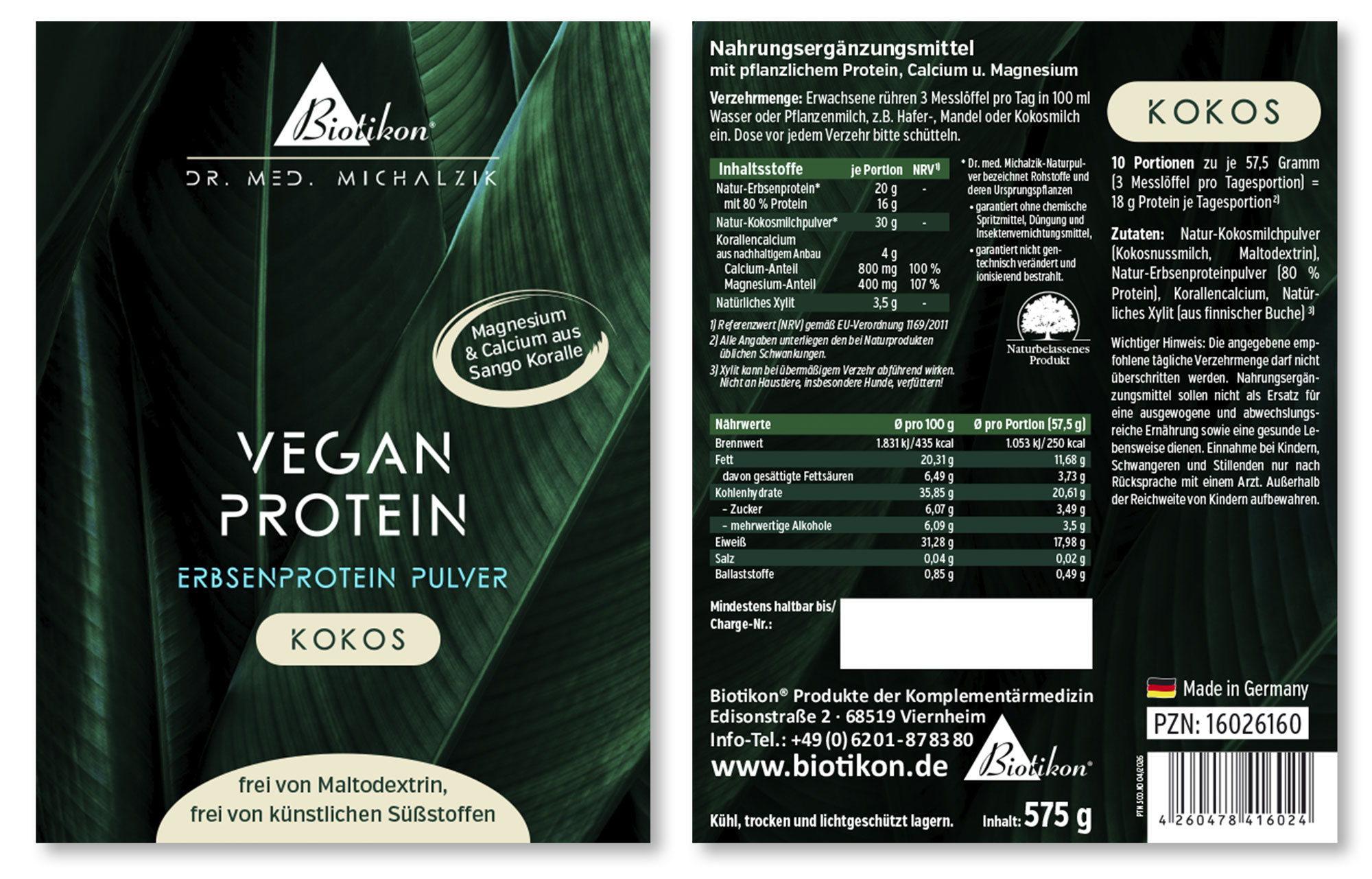 Proteína vegetal en polvo en envase blanco, 575 g, sabor a coco, con valores nutricionales e ingredientes visibles.