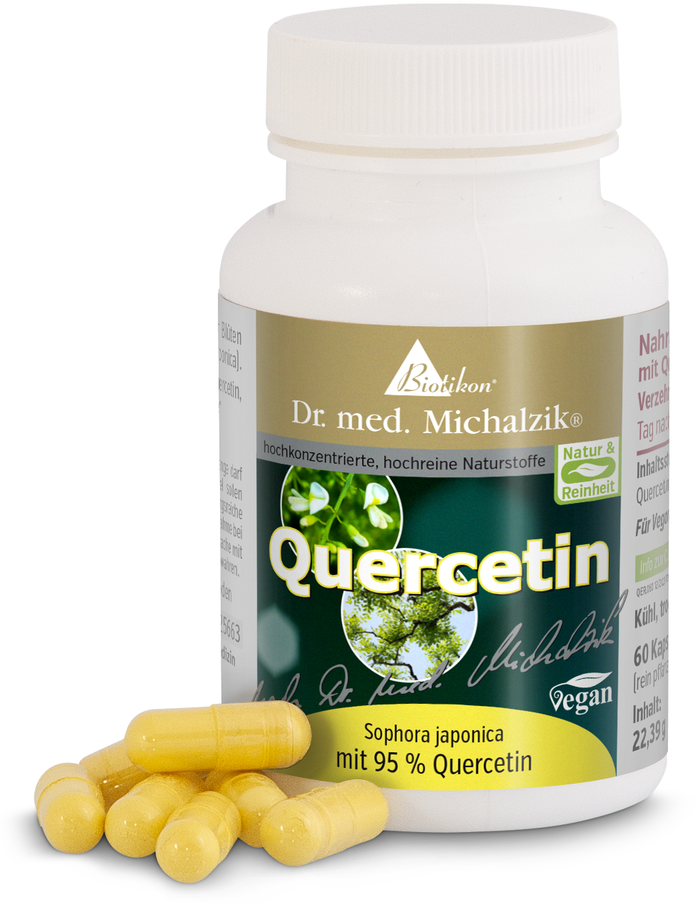 Quercetina 95 % – Cápsulas Suplemento de quercetina en cápsulas, 60 unidades, cápsulas amarillas, vista de la botella y las cápsulas.