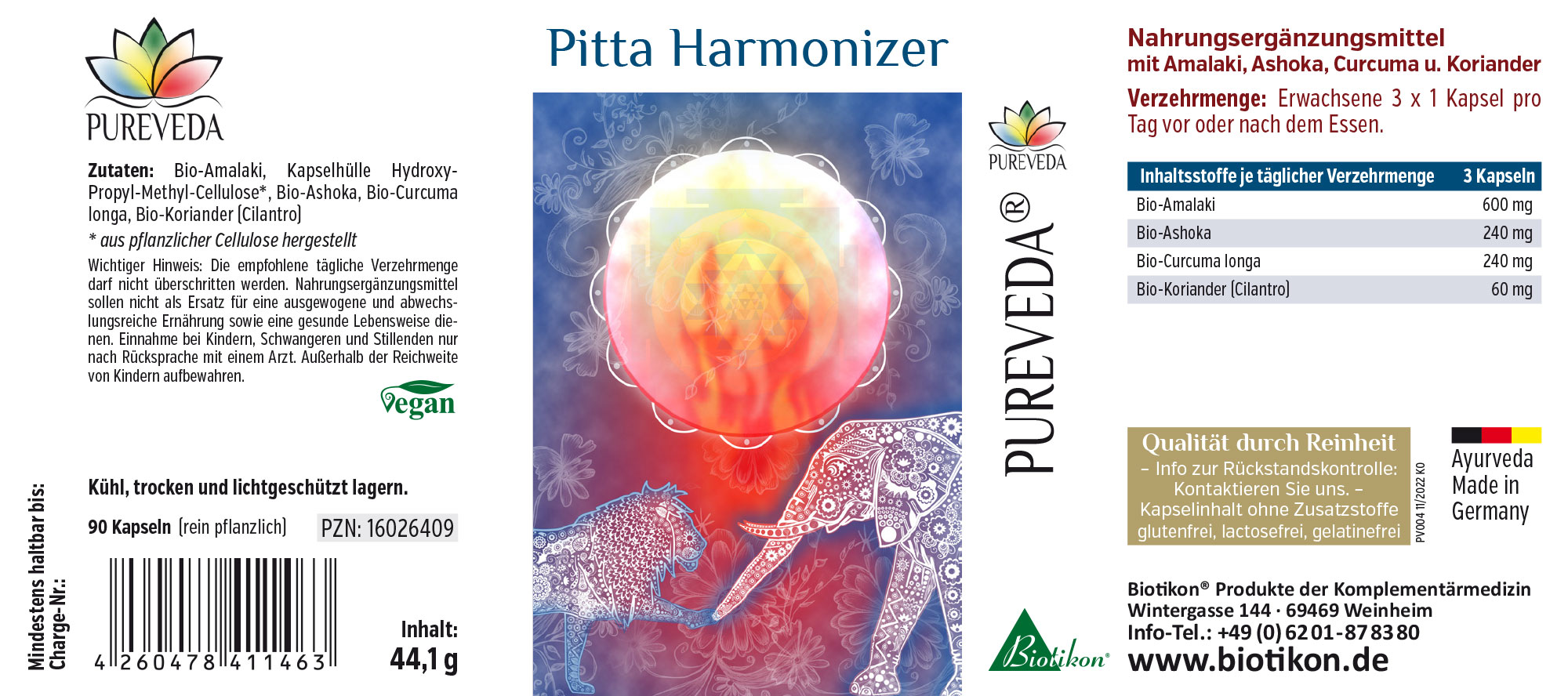 Pitta Harmonizer – 90 Cápsulas Suplemento dietético en cápsulas con Amalaki, Ashoka, Cúrcuma y Cilantro, 90 cápsulas, empaque colorido.