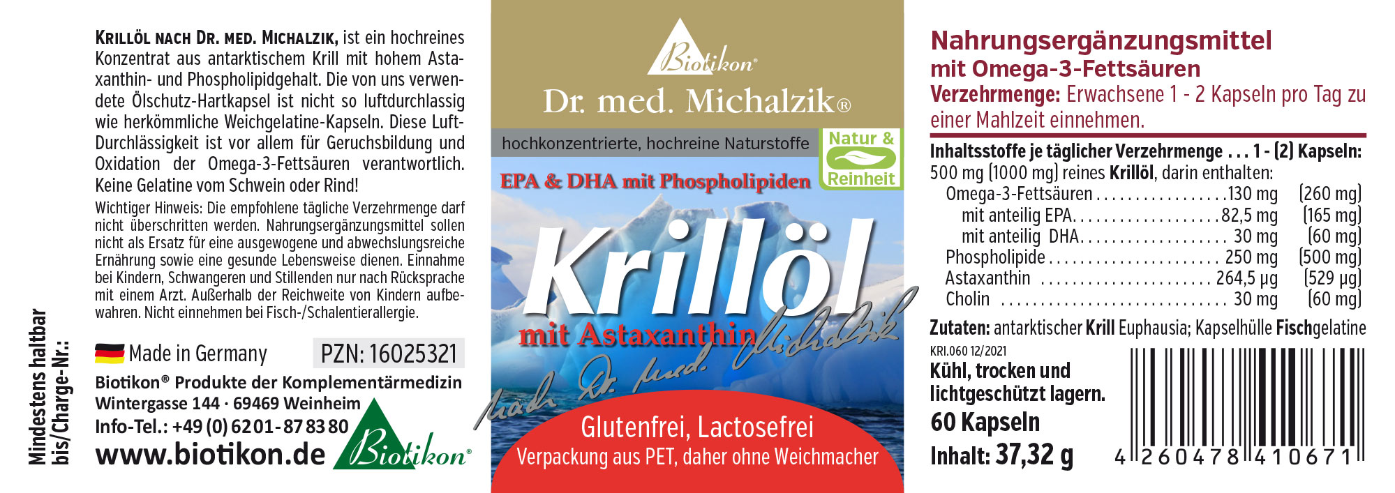 Aceite de krill en cápsulas herméticas, 60 unidades, para adultos, rojas y transparentes, en envase de PET.