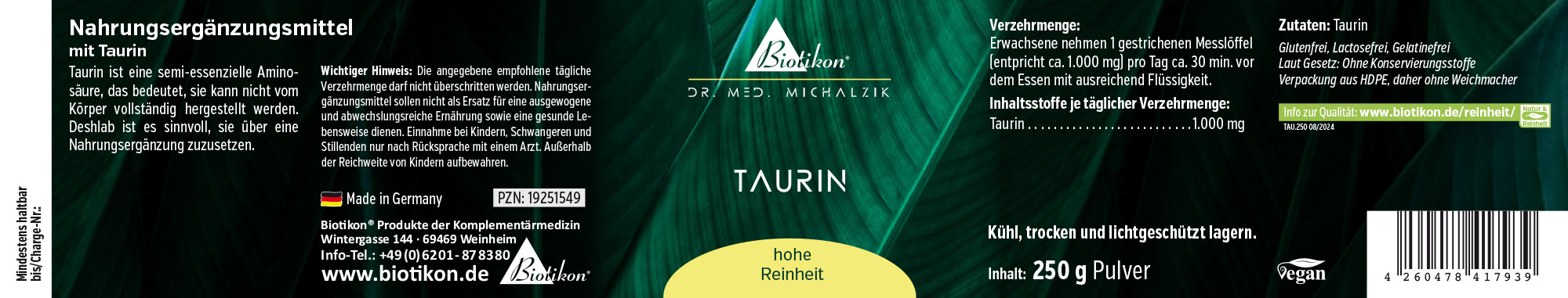 Suplemento de taurina en forma de polvo, 250 g, envase verde, vista lateral.