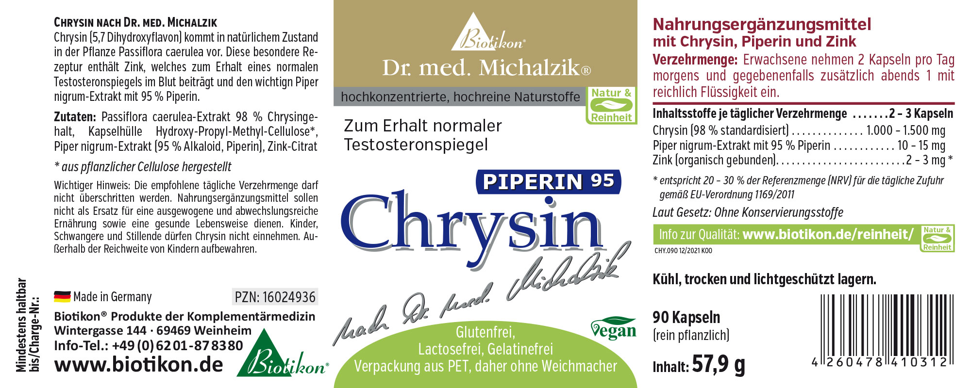 Suplemento Chrysin, 90 cápsulas en envase PET, gráficos coloridos, ingredientes detallados.