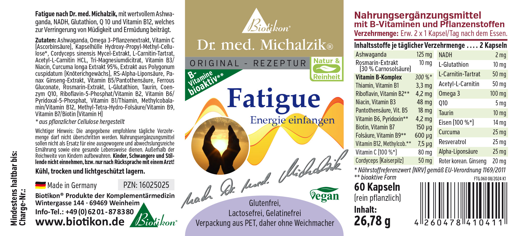 Cápsulas de Fatiga – 60 unidades Suplemento de Fatiga en cápsulas, 60 cápsulas, envase vegano de PET, gráficos coloridos.