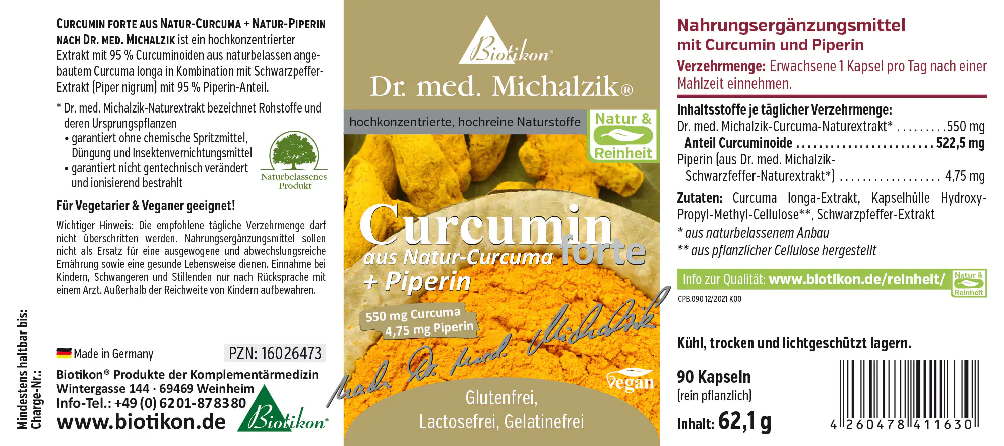 Curcumina forte 550 mg – 90 cápsulas Suplemento de curcumina de cúrcuma natural, 90 cápsulas veganas, empaque amarillo-naranja, vista frontal
