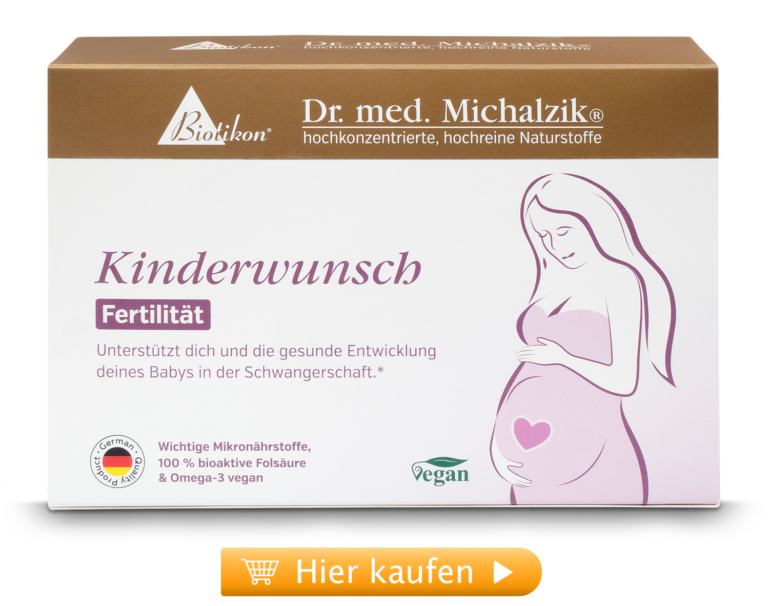 Fertilidad Deseo de Niño – 30 Cápsulas Envase para Fertilidad Deseo de Niño con 30 cápsulas veganas, en una caja blanca con escritura morada e ilustración de una mujer embarazada.