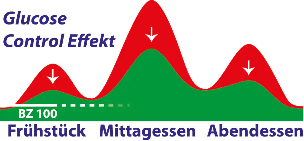 Gráfico que muestra el efecto de control de glucosa a lo largo del día, con picos durante las comidas.