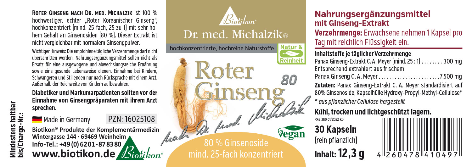 Suplemento dietético de Ginseng Rojo, 30 cápsulas en envase transparente, a base de plantas.
