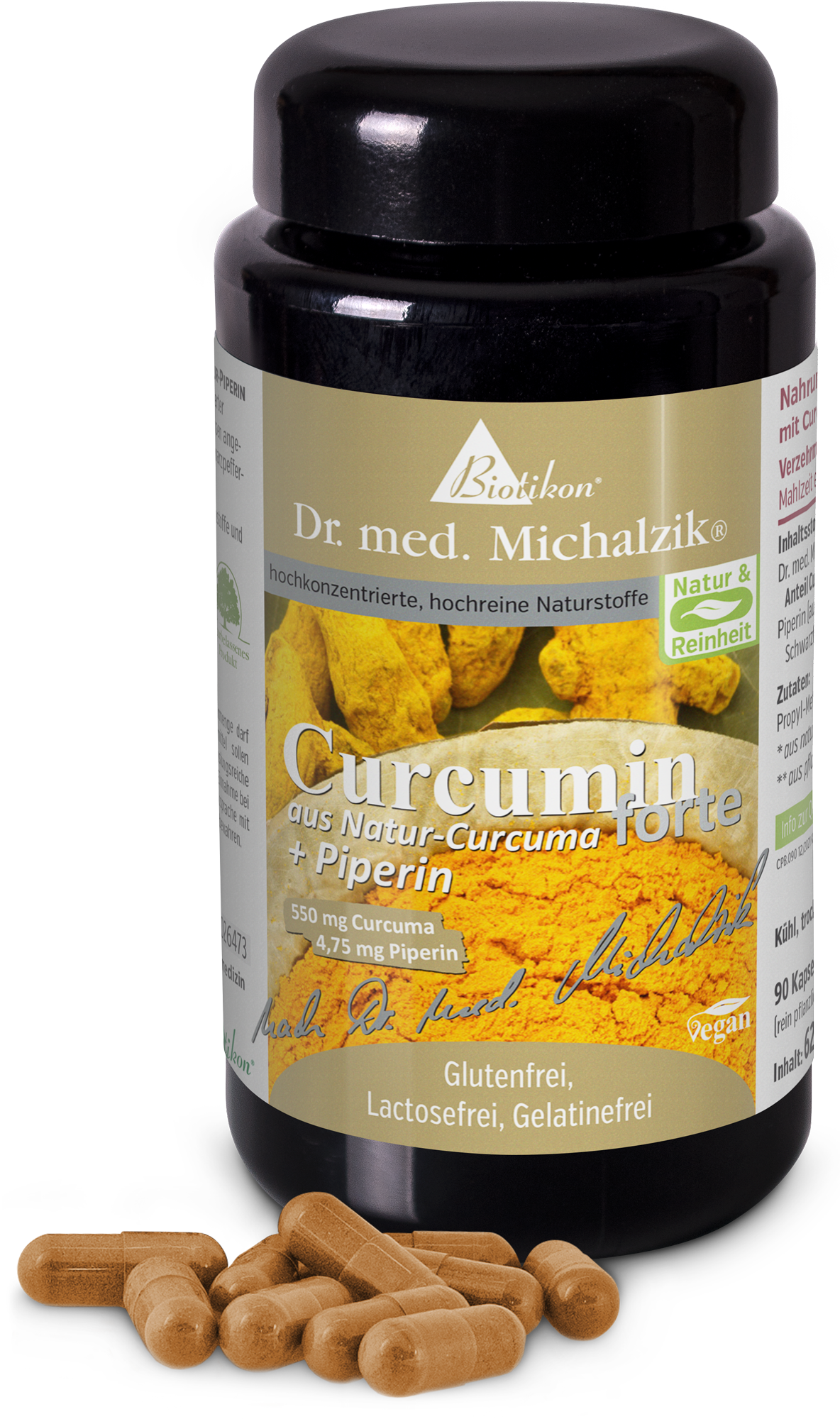 Curcumina 550 mg - Cápsulas Envase de vidrio con 90 cápsulas, marrón, etiquetado, producto de cúrcuma con piperina.