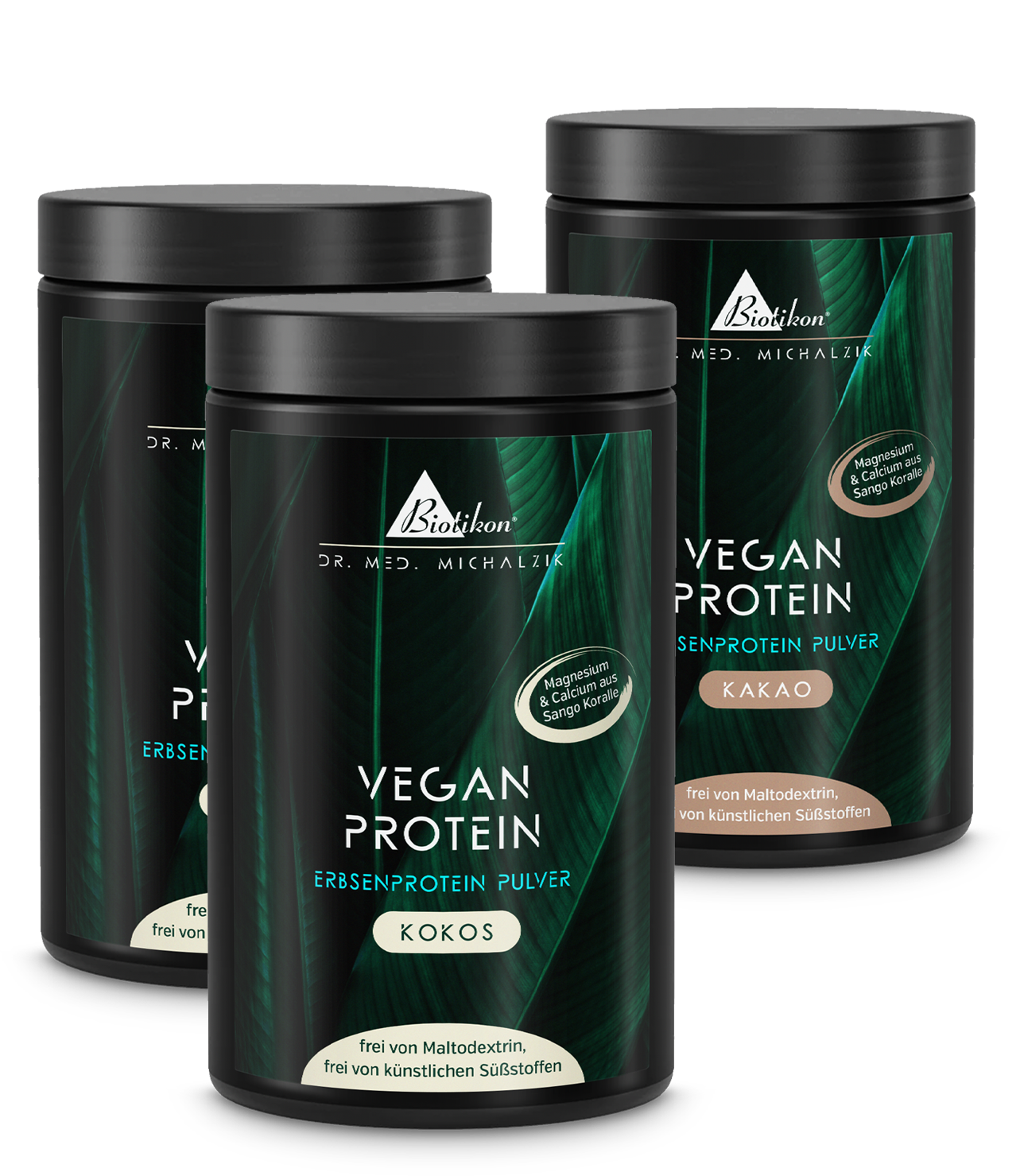 Tres latas de proteína vegetal en polvo blanca, de coco y cacao, con tapa, sobre fondo blanco.