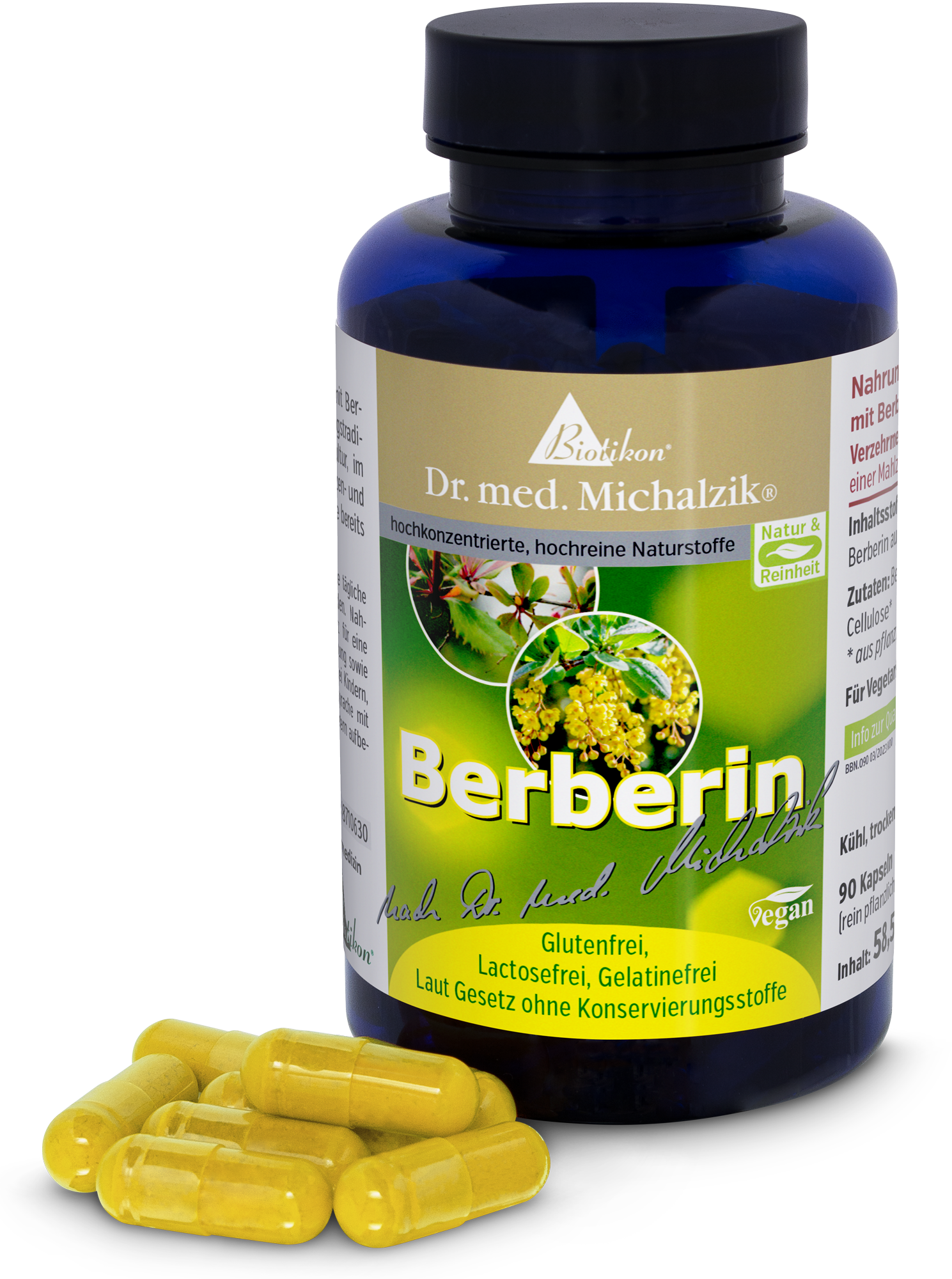 Berberina 90 Cápsulas – veganas Suplemento de berberina, 90 cápsulas amarillas en botella azul, vista lateral.