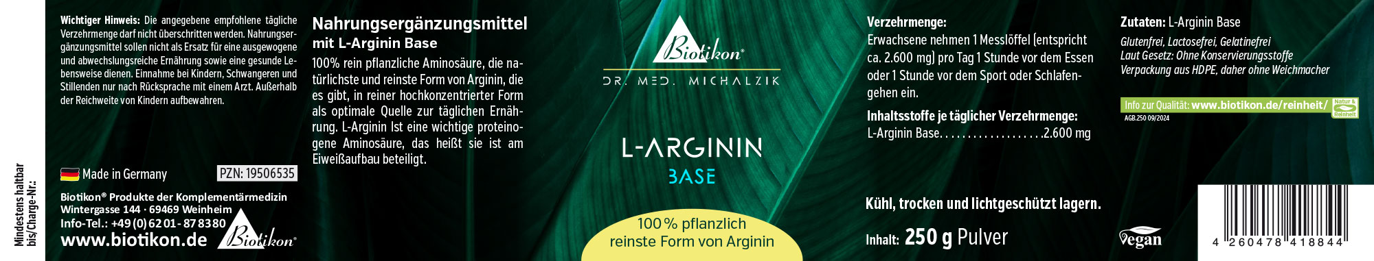 L-Arginina Base 250 g - Polvo Suplemento de L-Arginina, polvo de 250 g, empaquetado en verde, vista lateral.