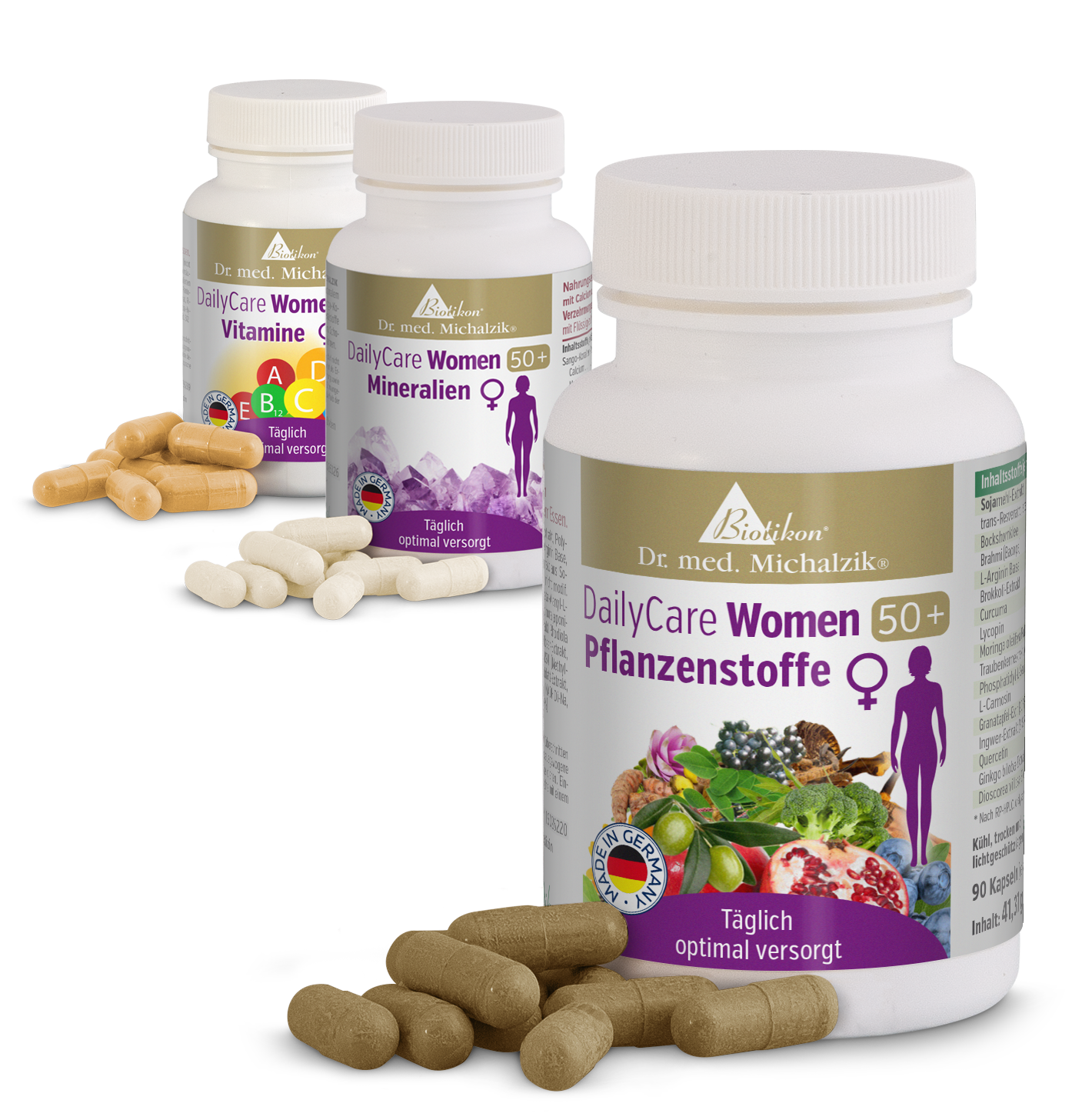 Paquete DailyCare Mujeres 50+ con 3 frascos Suplemento DailyCare Mujeres 50+ con extractos vegetales en una botella blanca con 90 cápsulas, tonos marrón y crema, sobre fondo neutro.