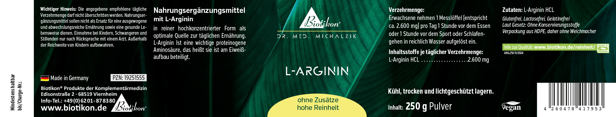 L-Arginina 250 g – Polvo Suplemento de L-Arginina, polvo de 250 g en un envase verde, vista lateral.