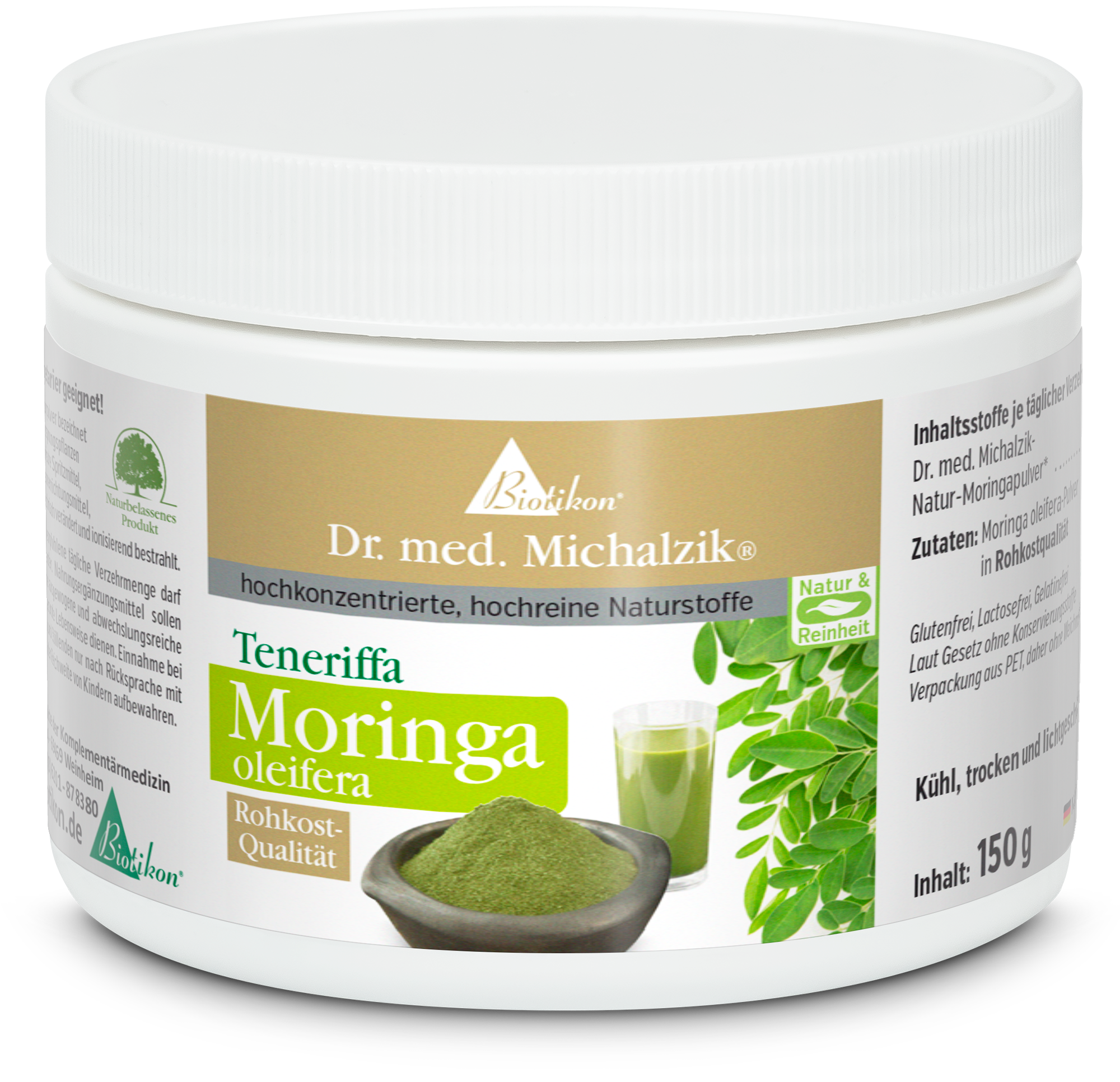 Polvo de Moringa Oleifera en un envase blanco, 150 g, con impresión verde, muestra polvo y bebida.