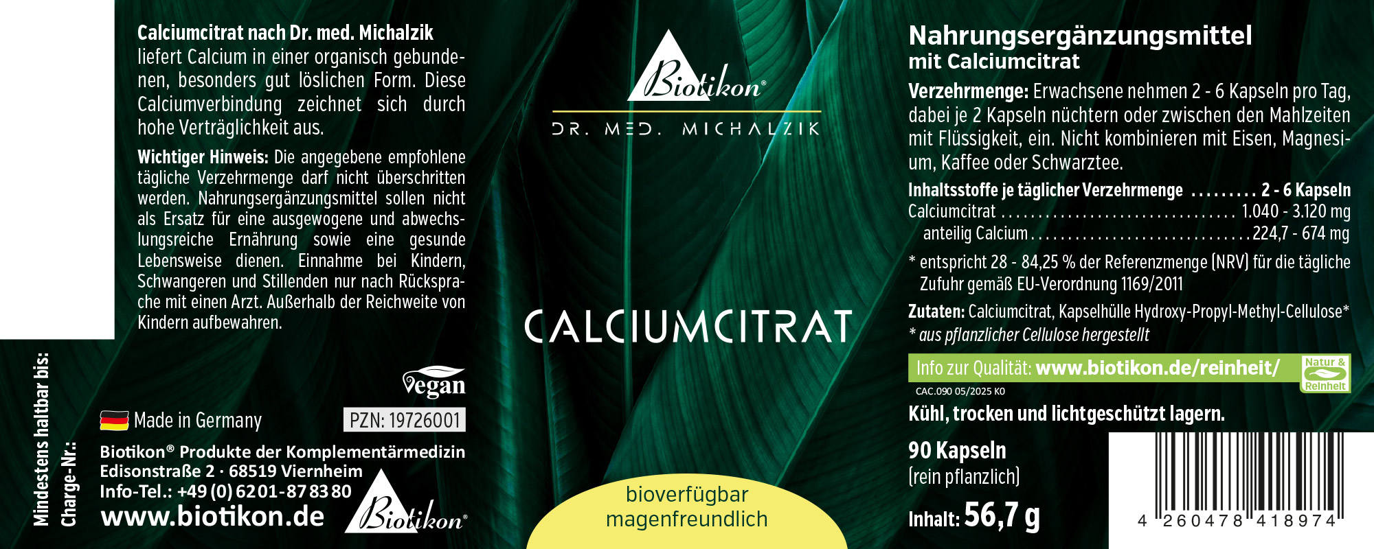 Suplemento de citrato de calcio en cápsulas veganas, el envase muestra 90 cápsulas y detalles de ingredientes.