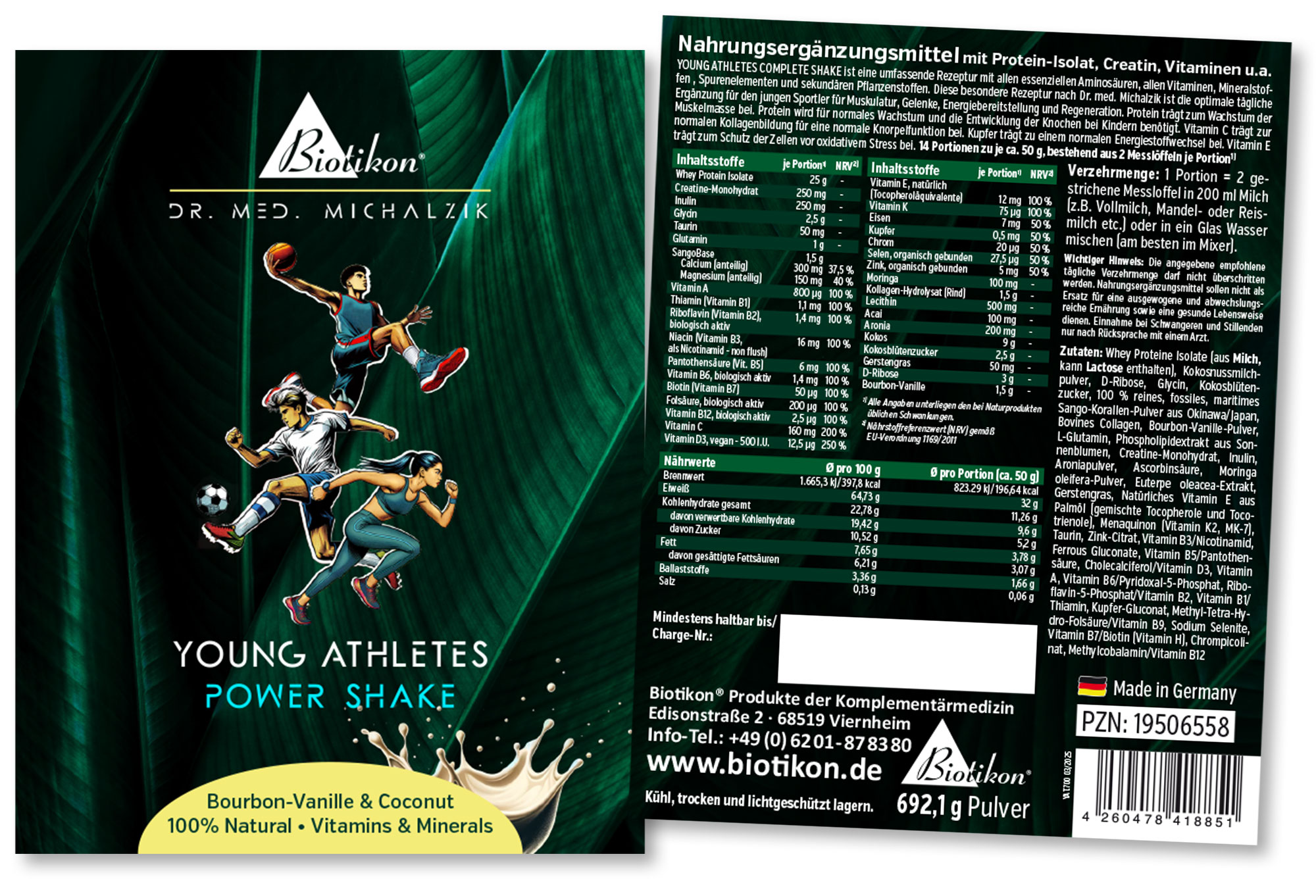 Proteína en polvo para jóvenes atletas, sabor vainilla bourbon y coco, 692 g, con nutrientes.