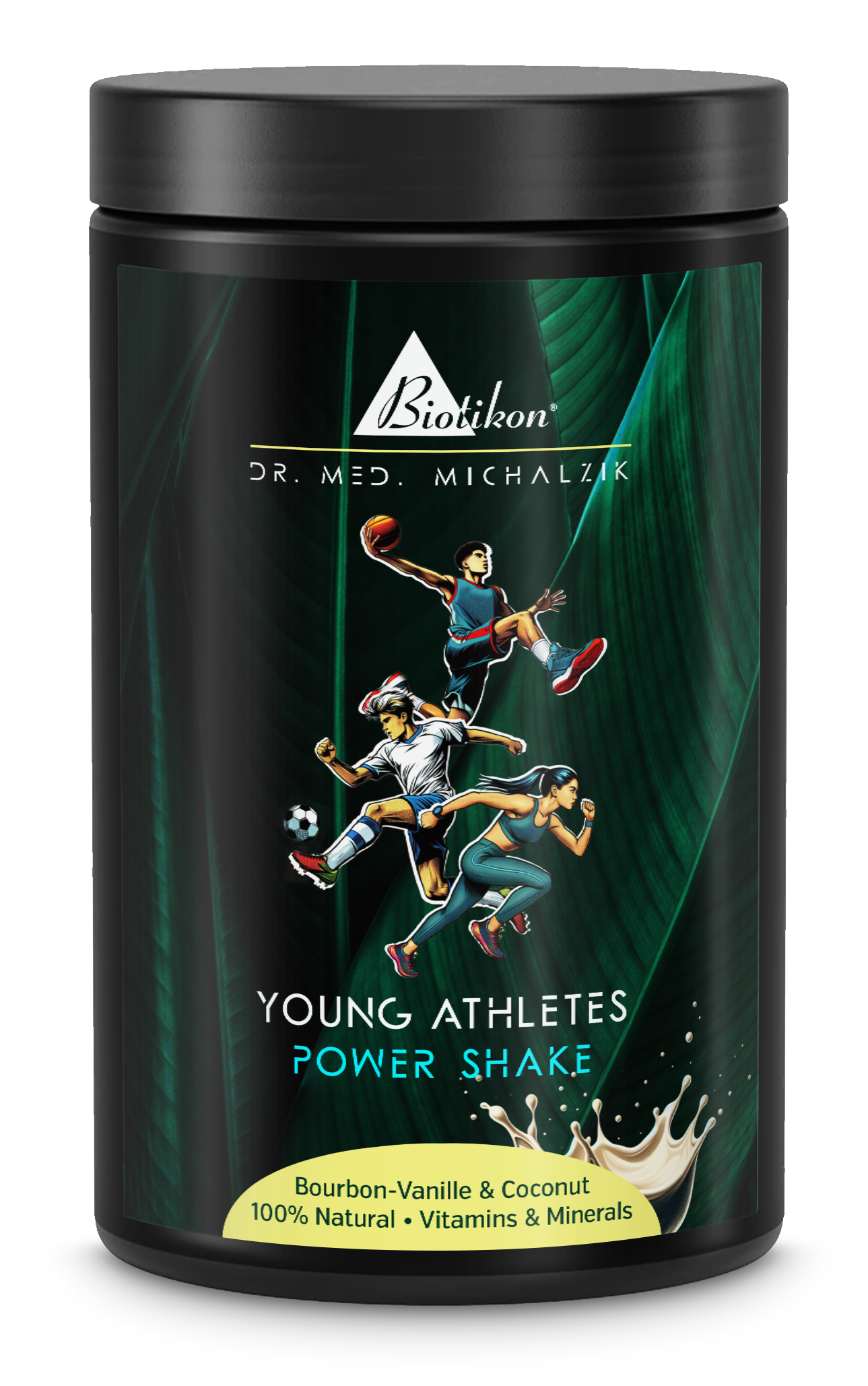 Envase negro con Power Shake para jóvenes atletas, sabor vainilla bourbon y coco, 400 g, con motivos deportivos.