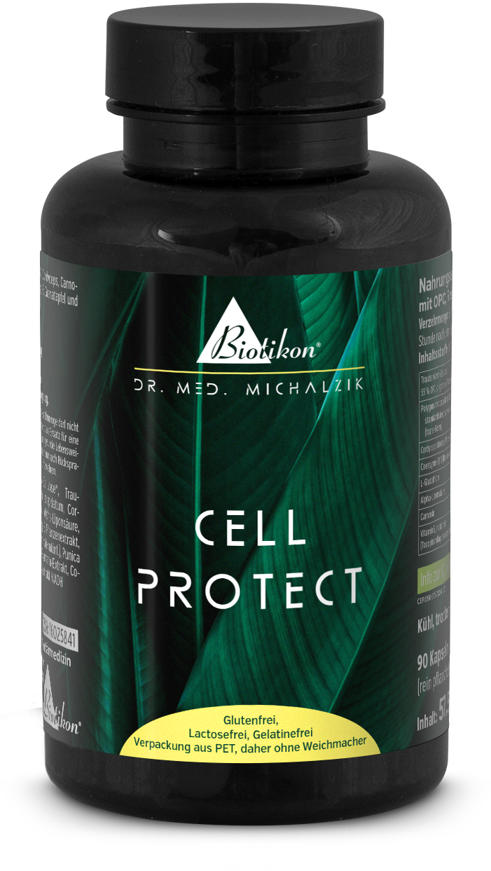 Complemento alimenticio Cell Protect en botella PET, 90 cápsulas, empaque verde, vista frontal.
