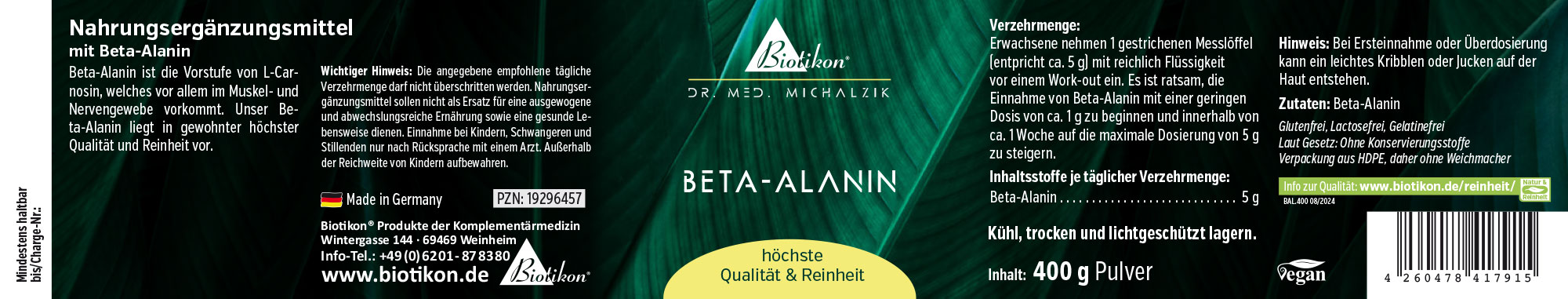 Beta-Alanina 400 g – Polvo Suplemento alimenticio Beta-Alanina en envase de 400 g, diseño verde.