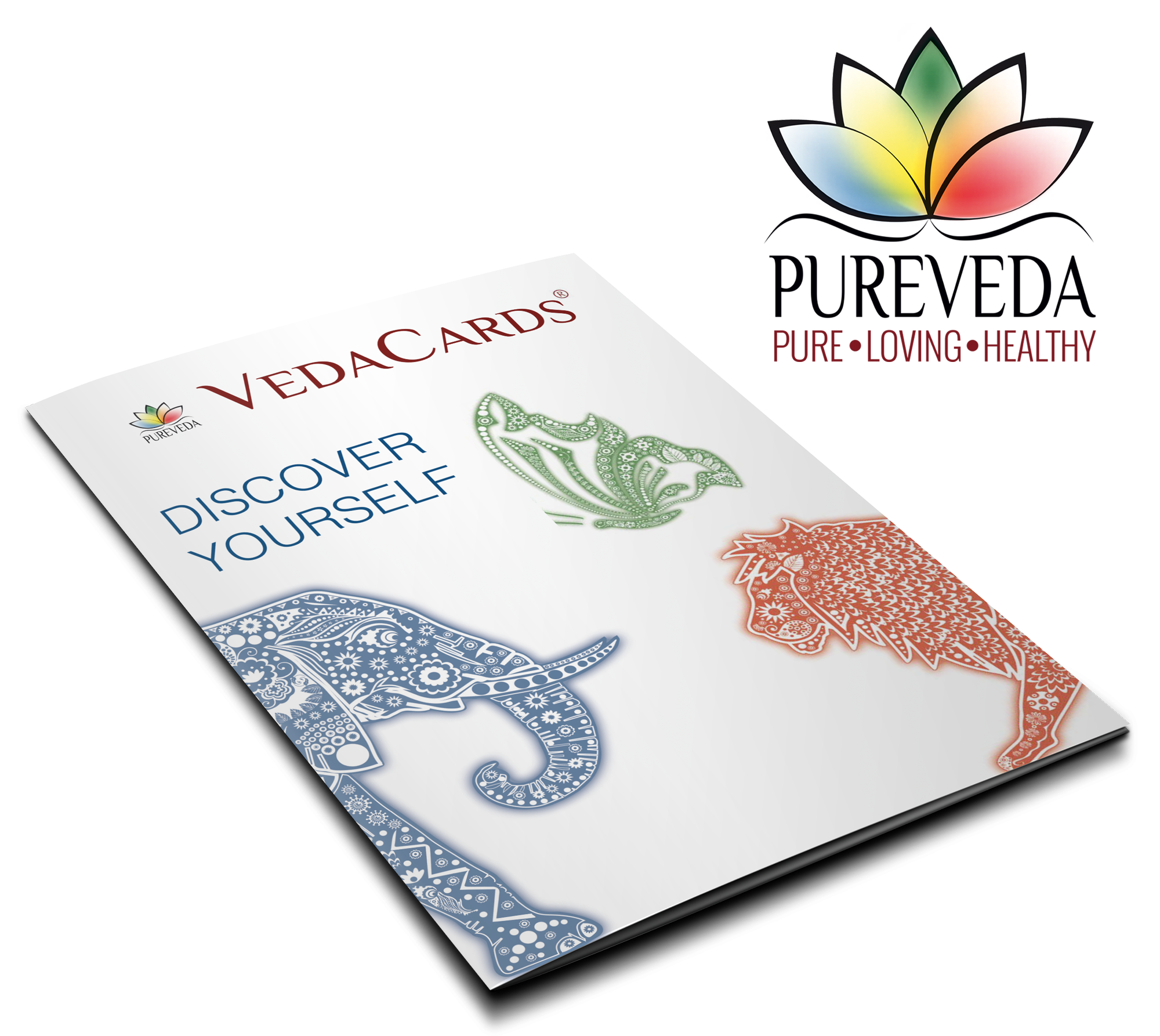 VedaCards – Descubre tu esencia VedaCards, set de cartas, diseño inspirador, elefante y león, colorido, perspectiva 3D