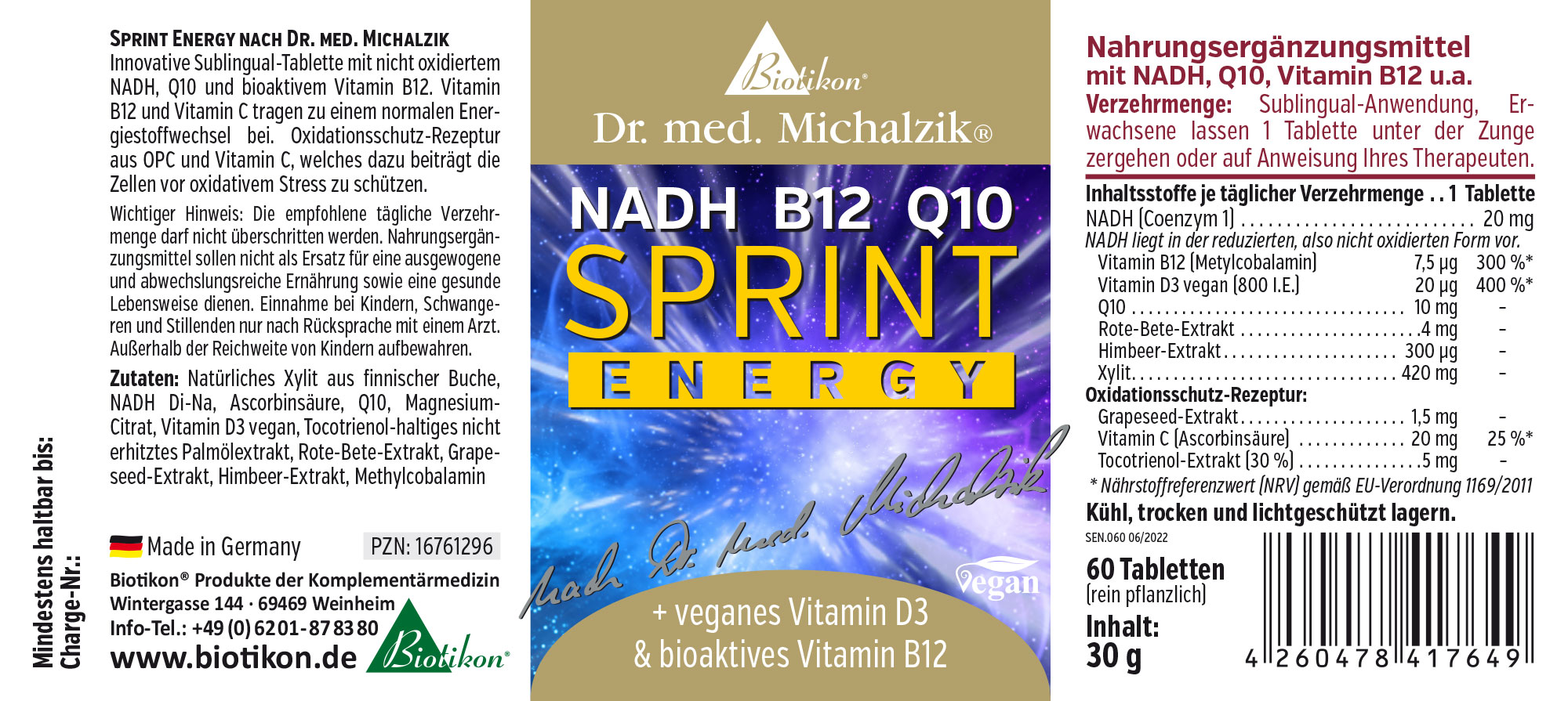 Suplemento nutricional en envase de 60 tabletas sublinguales, contiene NADH, Q10 y vitamina B12, vegano, 30 g.