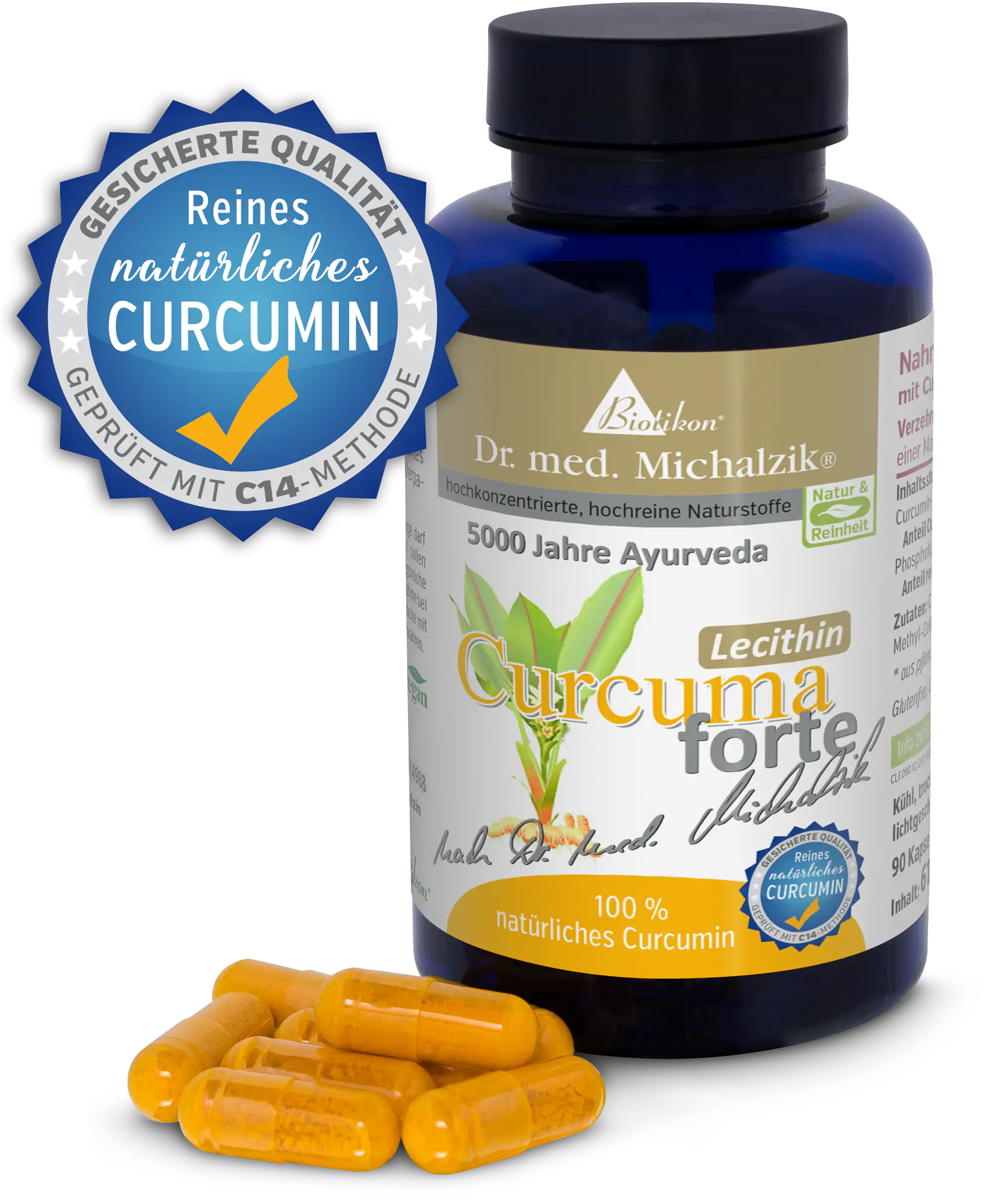 Curcuma forte 500 mg - Cápsulas Botella con 90 cápsulas de Curcuma forte, cápsulas amarillas, vista frontal.