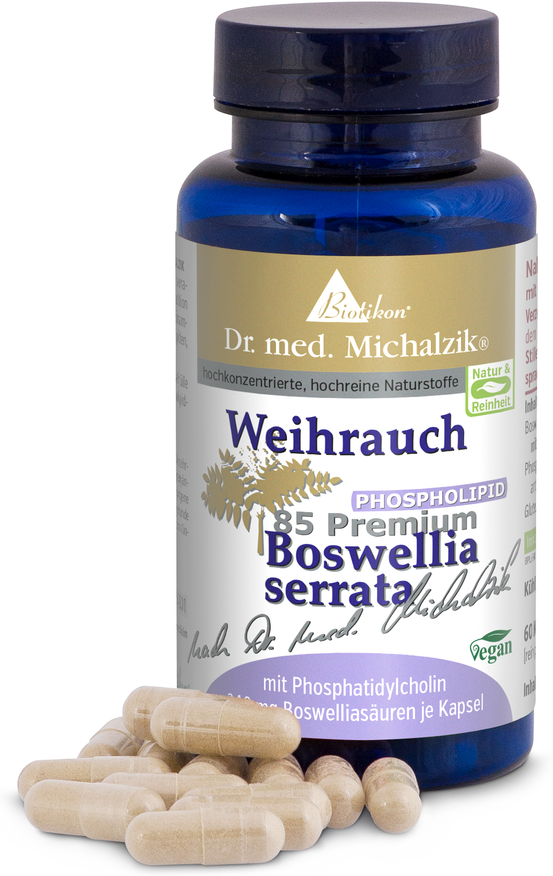Cápsulas marrones en una botella azul, 60 unidades, el envase muestra las características del producto.