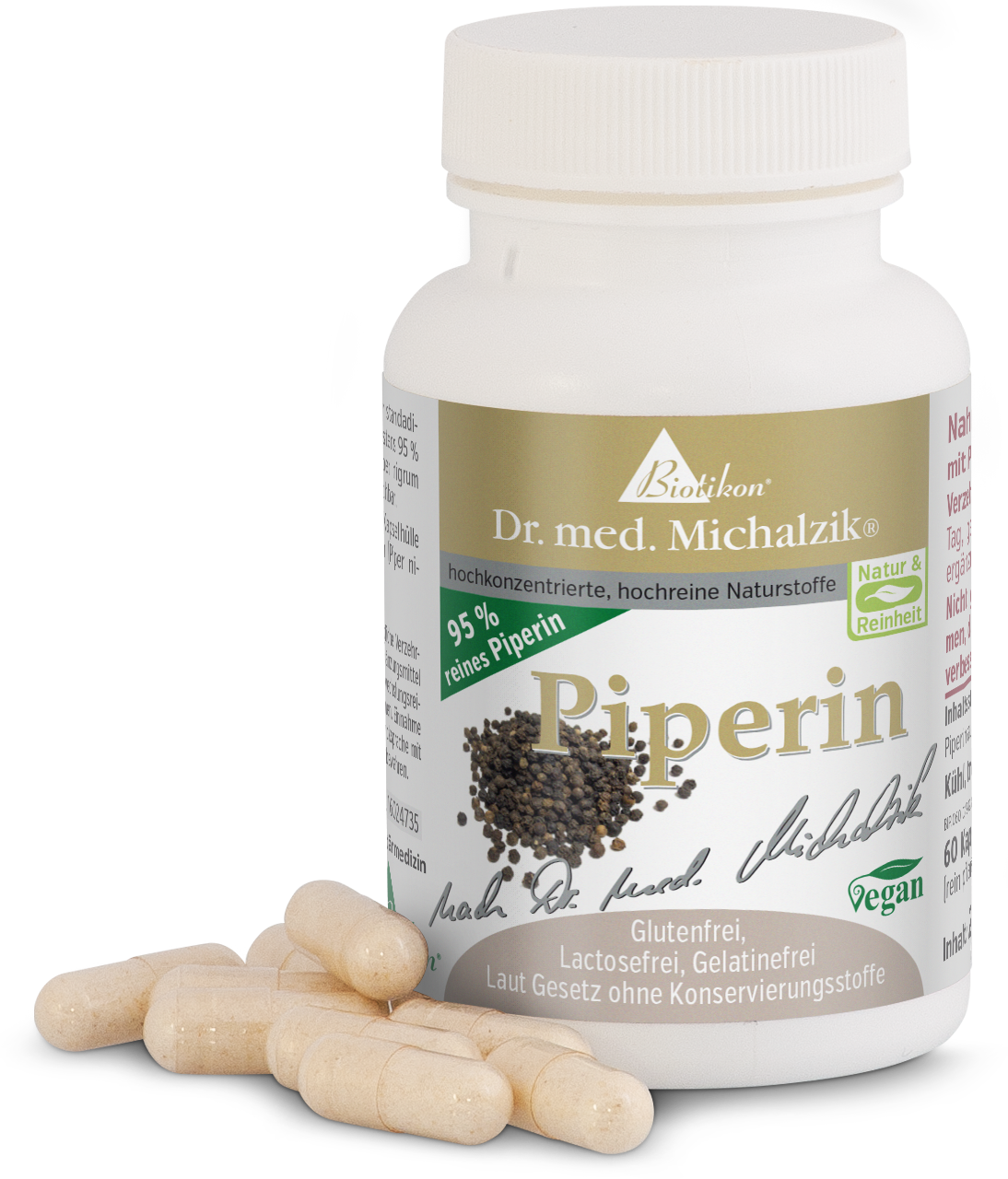 Piperina 95 % – 60 Cápsulas Cápsulas de piperina, 60 unidades, envase vegano, en frasco blanco sobre fondo claro.