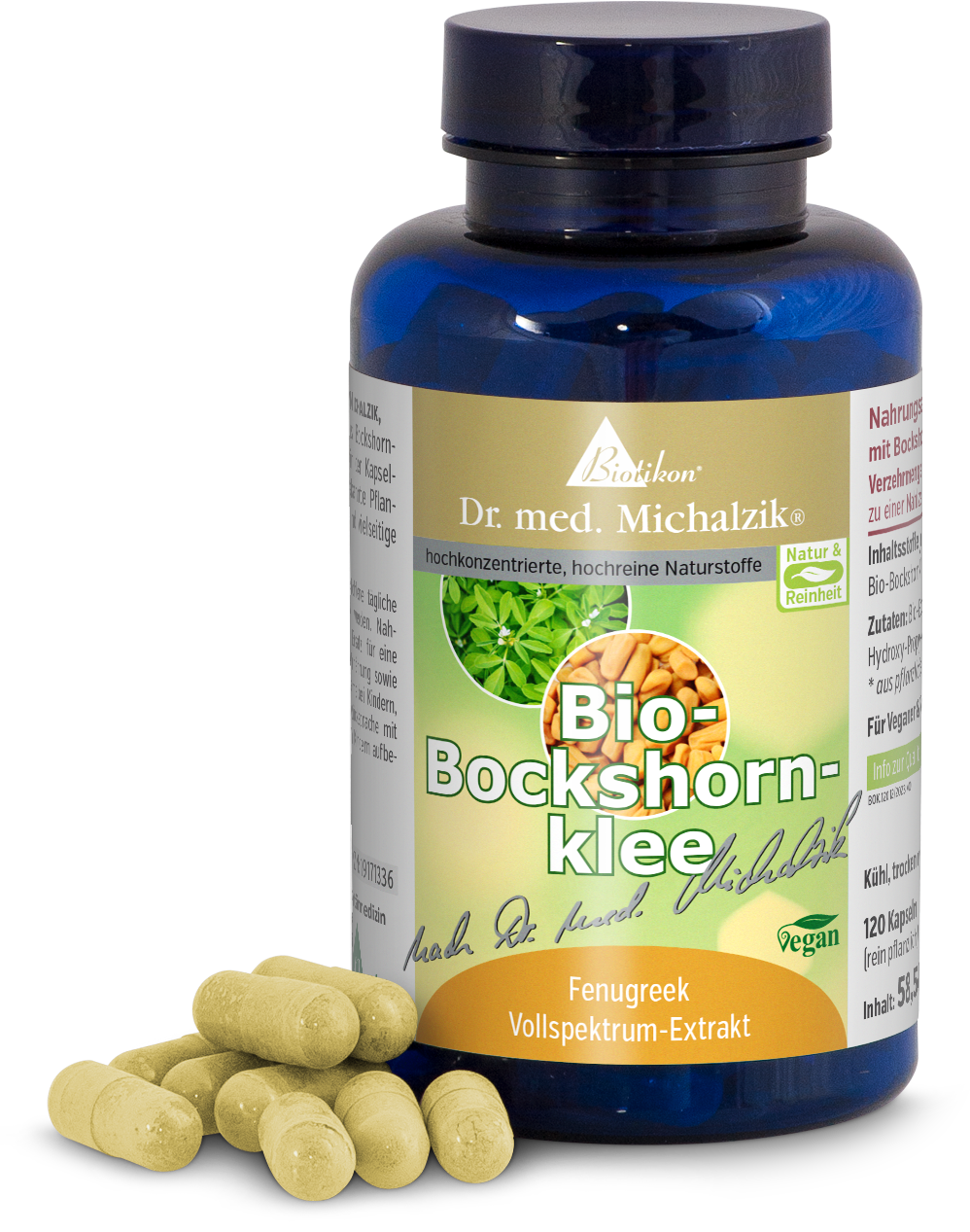 Botella con extracto de fenogreco orgánico, 120 cápsulas amarillas, en empaque azul, vista lateral.