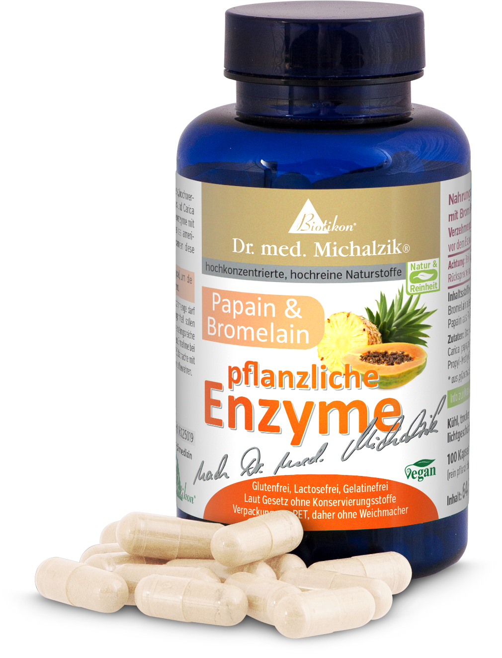Enzimas Vegetales – 100 Cápsulas Botella azul con 100 cápsulas, contiene papaína y bromelina, vegano, sin gluten.