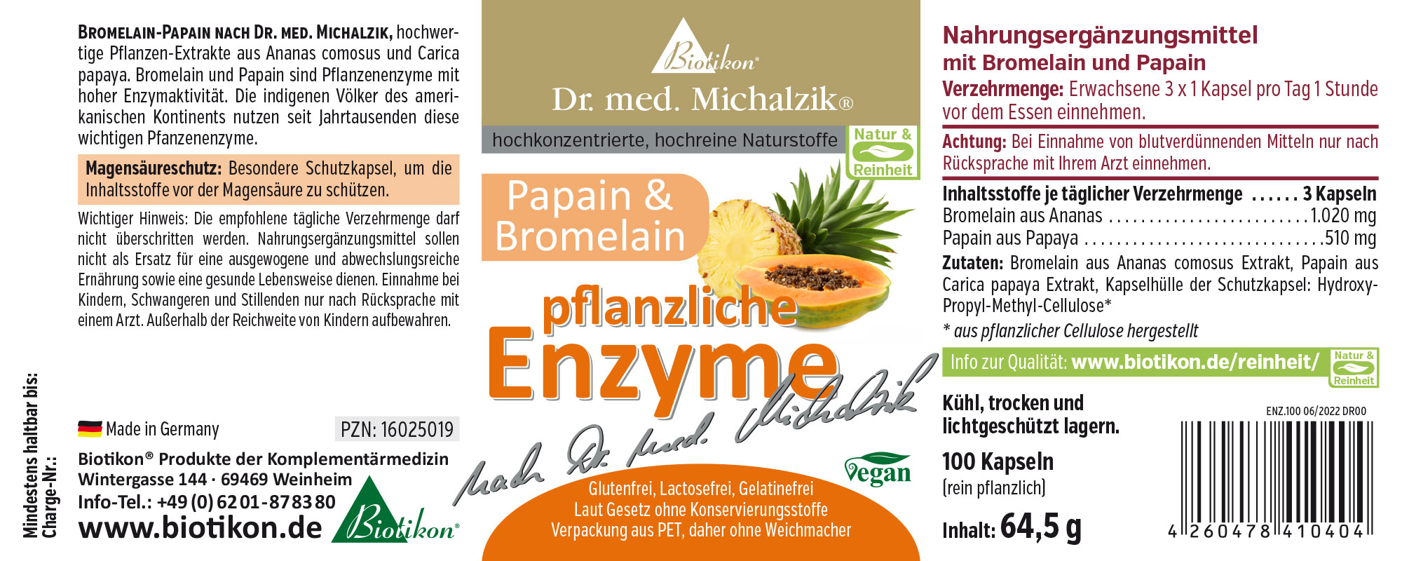 Etiqueta de Enzimas Vegetales Suplemento alimenticio con bromelina y papaína, 100 cápsulas, envase ligero de PET.