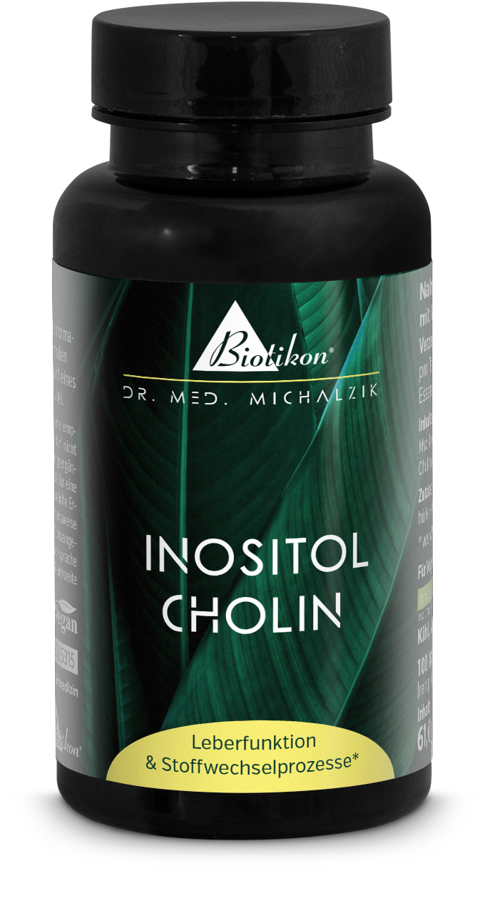 Botella azul con cápsulas de Inositol Colina, 100 piezas, junto a cápsulas sobre fondo blanco.