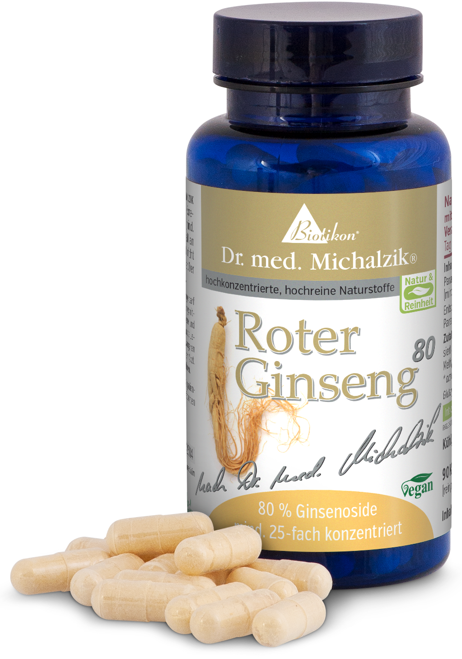 Ginseng Rojo 80 - Cápsulas Botella de ginseng rojo, 80% ginsenosidos, 25 veces concentrado, cápsulas veganas, cápsulas transparentes, empaque azul.