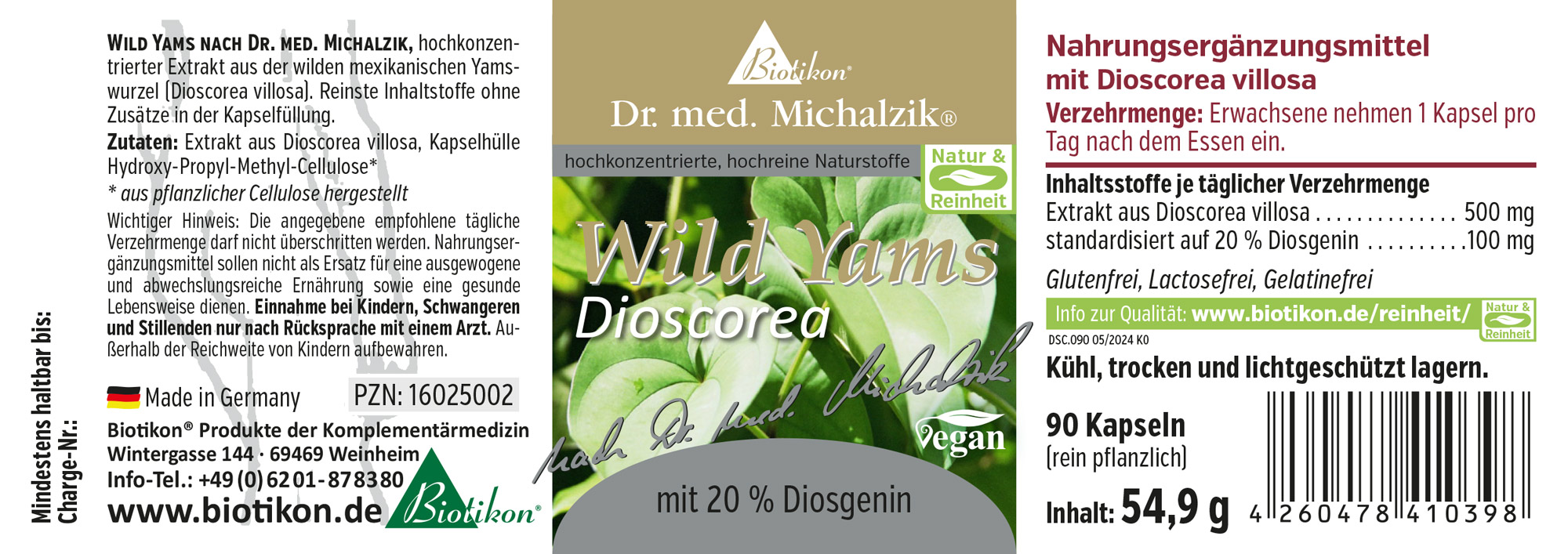 Dioscorea Wild Yam 500 mg – Cápsulas 90 cápsulas de Wild Yam con 20 % de diosgenina, extracto altamente concentrado, vegano, en un envase claro.
