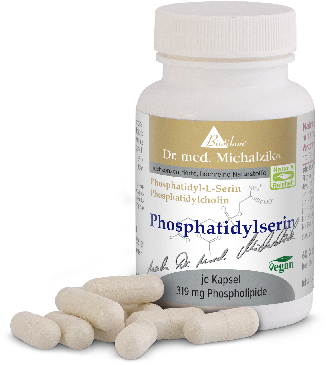 Fosfatidilserina 319 mg – Cápsulas Botella con cápsulas de fosfatidilserina, 60 unidades, cápsulas beige, vista frontal.
