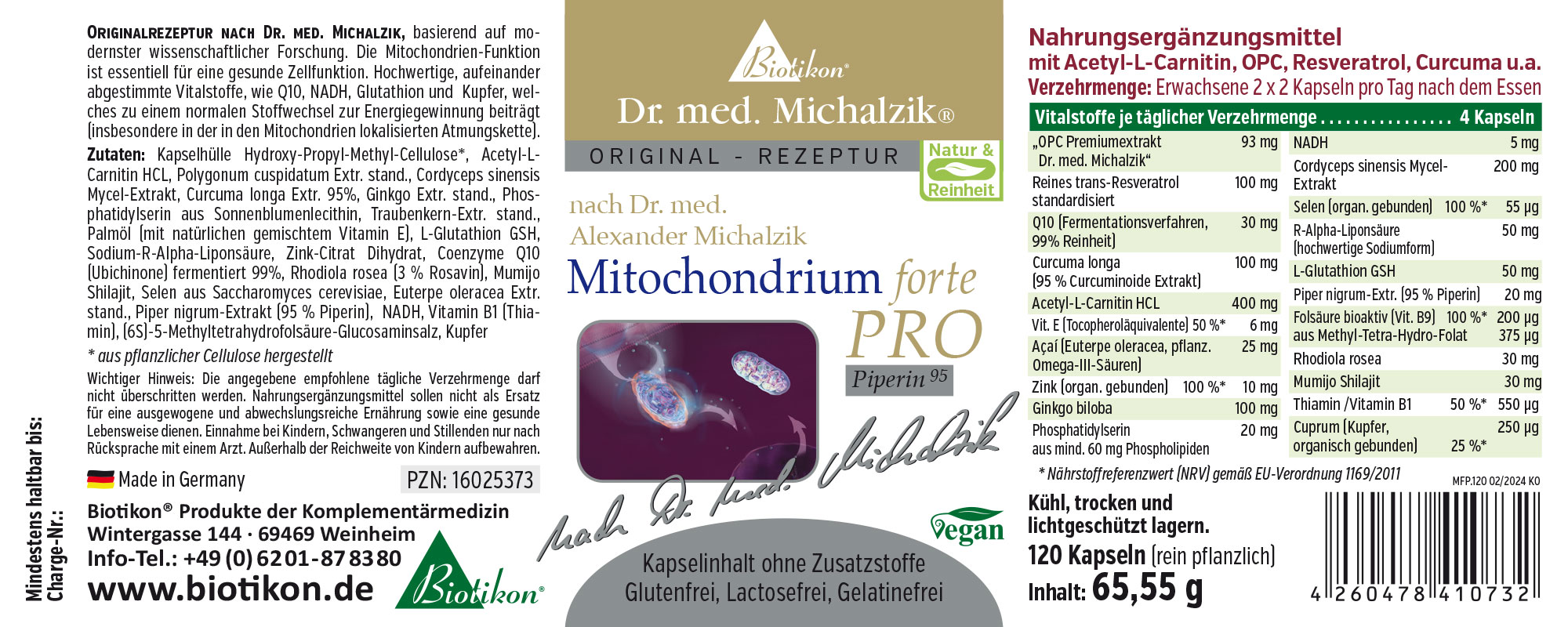 Suplemento alimenticio Mitochondrium forte PRO en un paquete de 120 cápsulas vegetales, veganas y sin gluten.