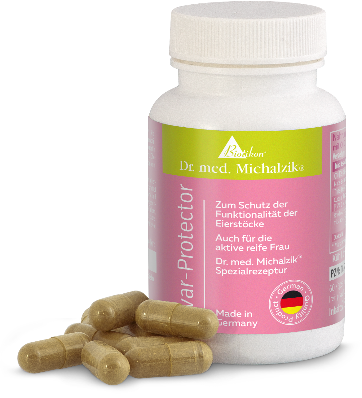 Eivar-Protector, cápsulas en botella rosa, 60 unidades, fabricado en Alemania, sobre fondo blanco.