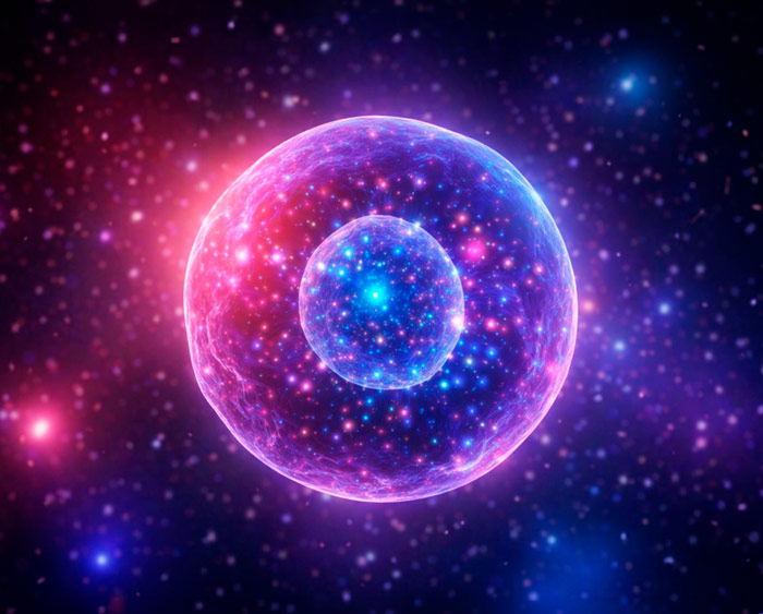 Célula esférica y luminosa con un núcleo brillante, rodeada de colores centelleantes en un fondo cósmico. Célula esférica y luminosa con un núcleo brillante, rodeada de colores centelleantes en un fondo cósmico.