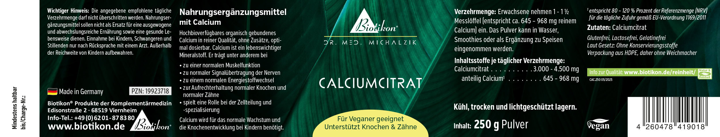 Suplemento dietético Citrato de Calcio en envase de 250 g, embalaje verde, en forma de polvo.