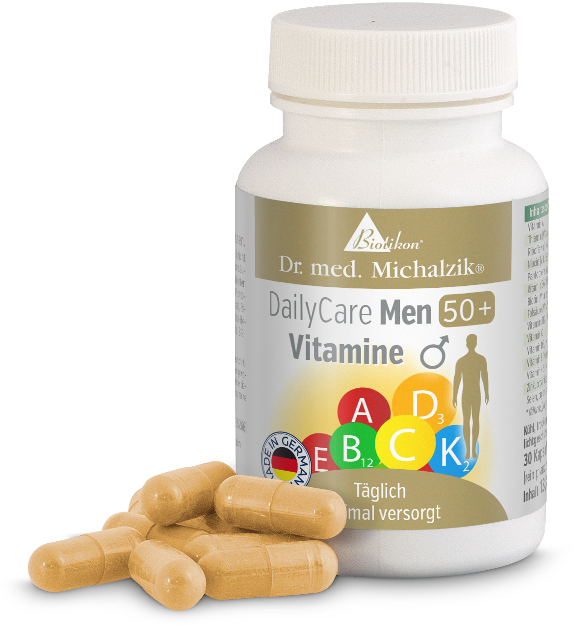 Multivitaminas 30 Cápsulas – DailyCare Hombres 50+ Botella con 30 cápsulas, cápsulas beige frente al envase, vista de tres cuartos.