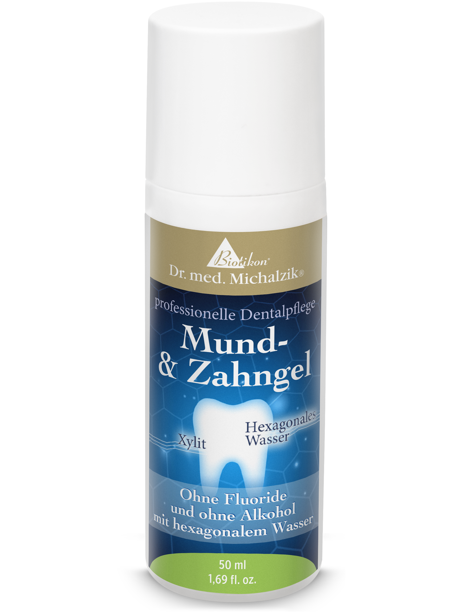 Gel Bucal y Dental en botella de spray, 50 ml, con Xilitol y agua hexagonal, colores azul y blanco.