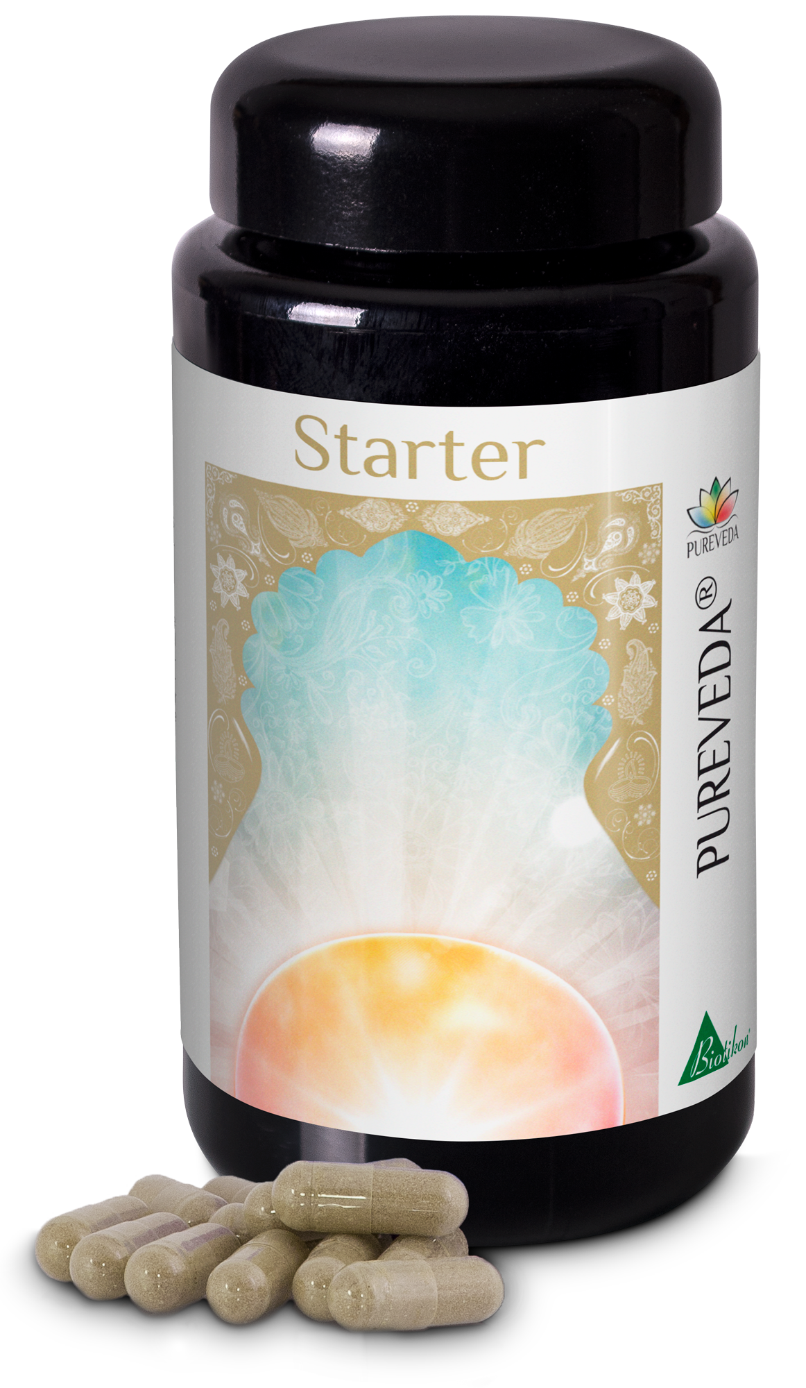 Cápsulas Starter para el bienestar Botella negra con cápsulas, embalaje beige y dorado, 60 cápsulas, vista en perspectiva.
