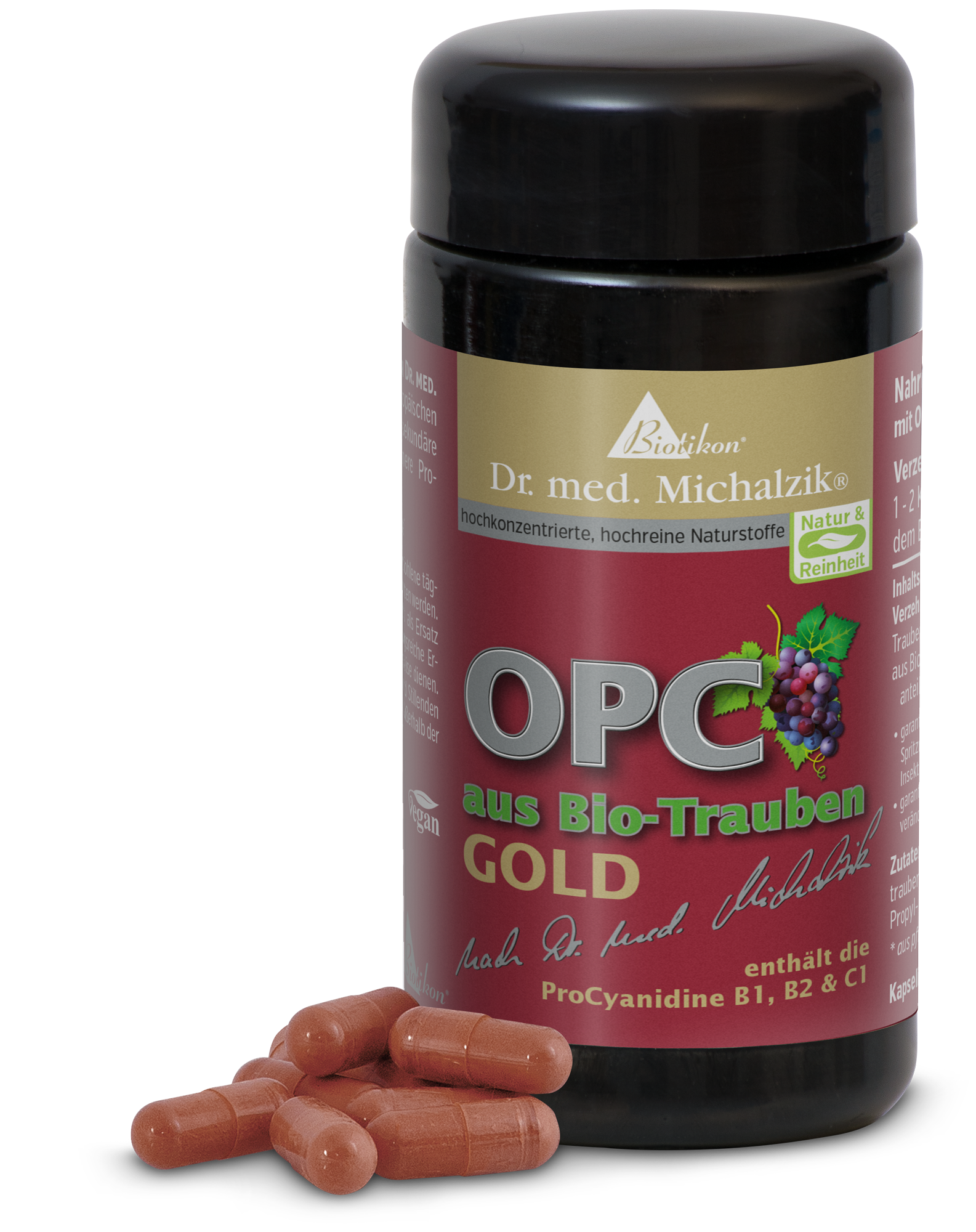 OPC de uvas orgánicas GOLD – 60 cápsulas Envase con cápsulas de OPC de uvas orgánicas, 60 cápsulas rojas, vista lateral
