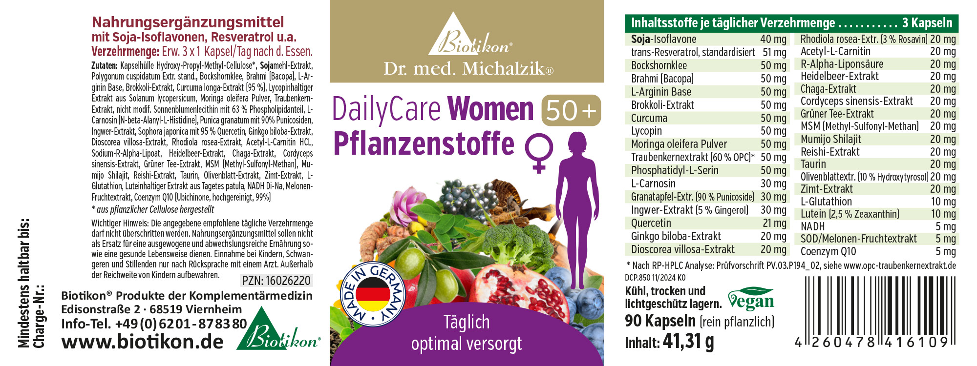 DailyCare Mujeres 50+ – Cápsulas Complemento alimenticio en cápsulas para mujeres mayores de 50, 90 unidades, envase verde, ingredientes de origen vegetal